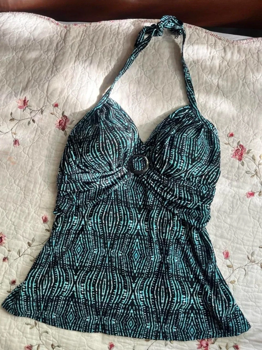2000s St. John's Bay Teal and Black Patterned Halter Top/Tankini - Picture 3 of 8